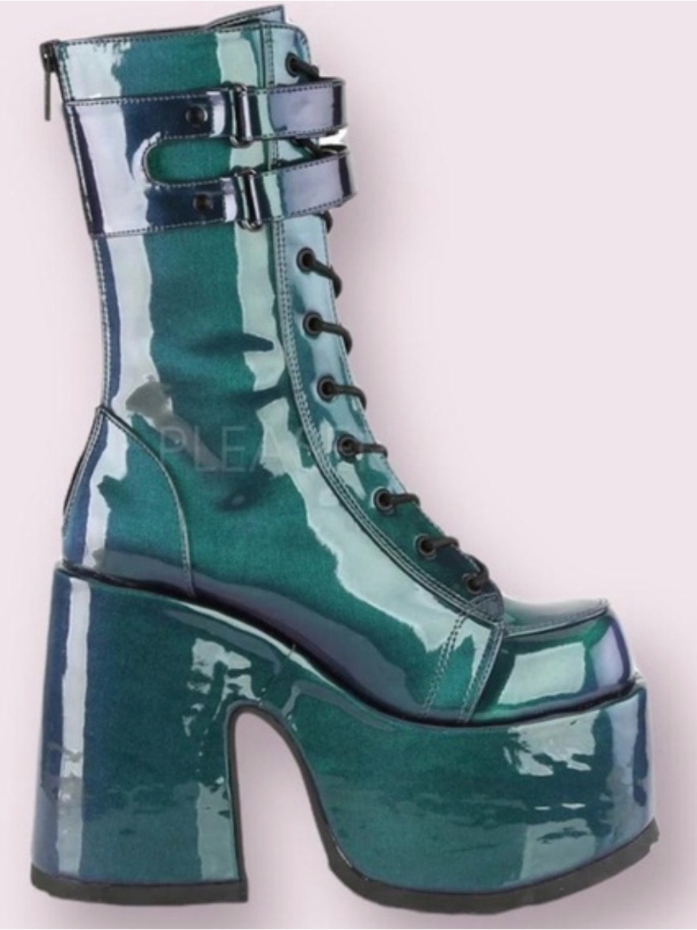 “ Demonia “Glossy Teal Platform Lace-Up Boots with Buckle